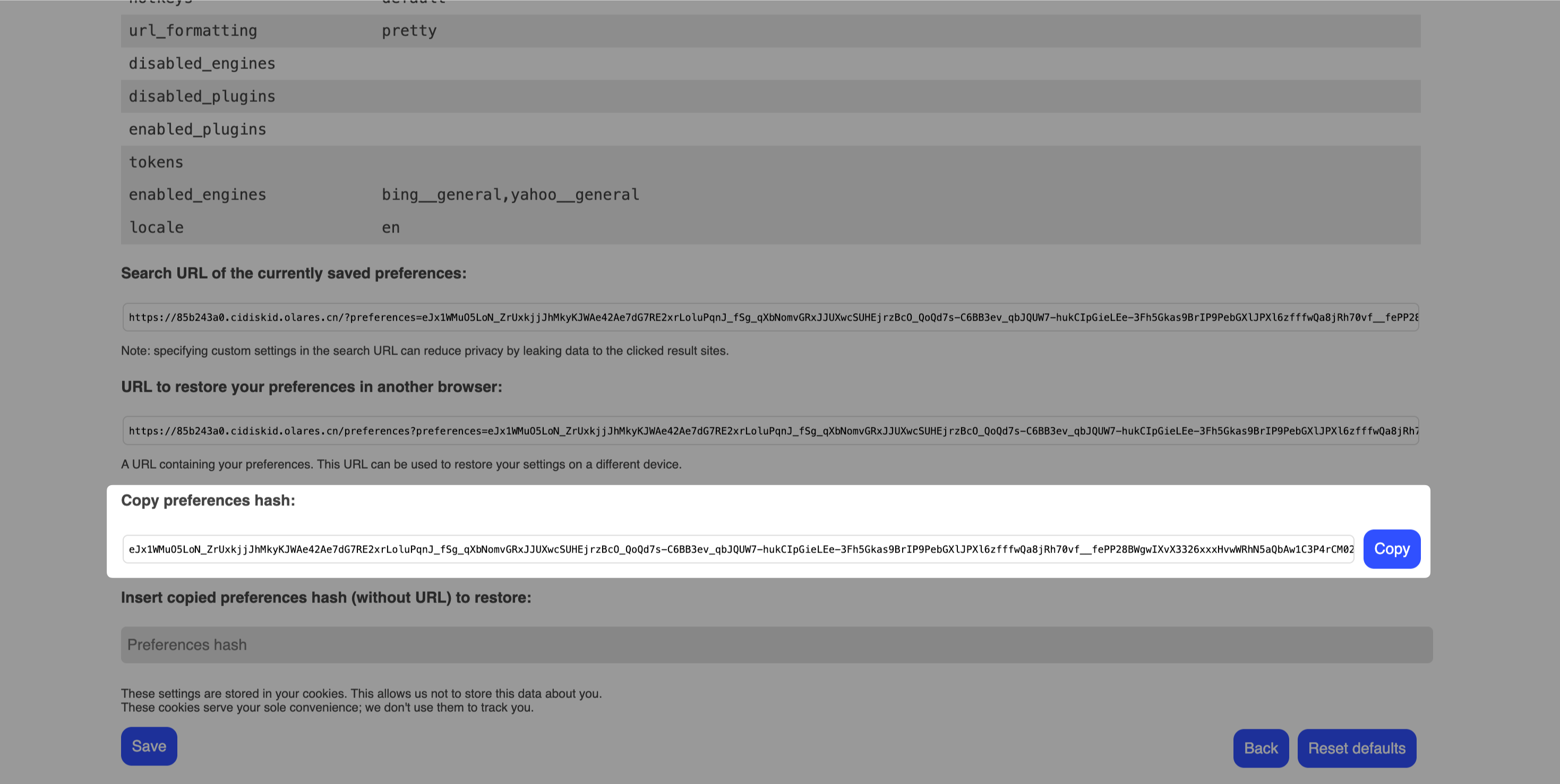 Copy SearXNG preferences hash