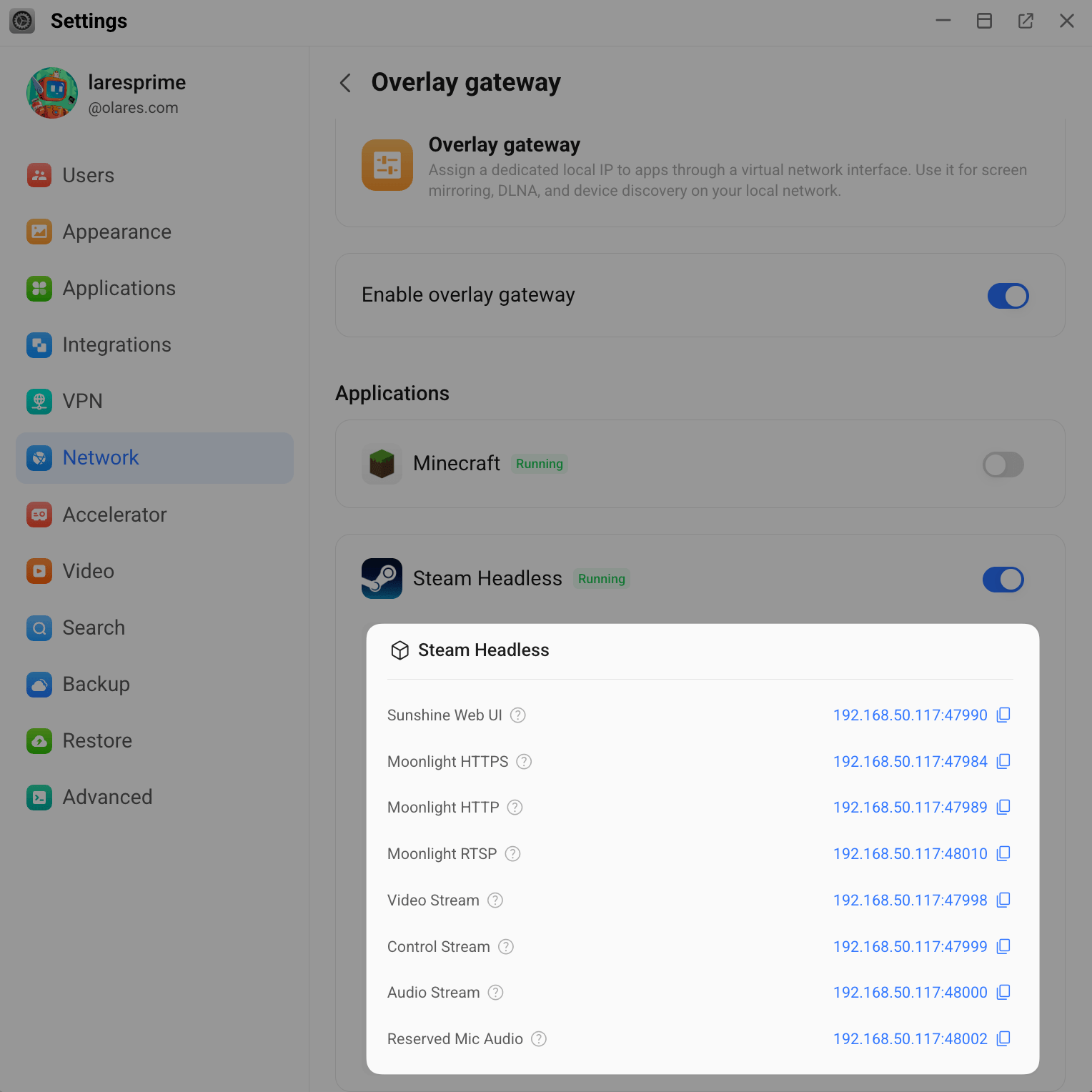 View Steam Headless overlay gateway addresses