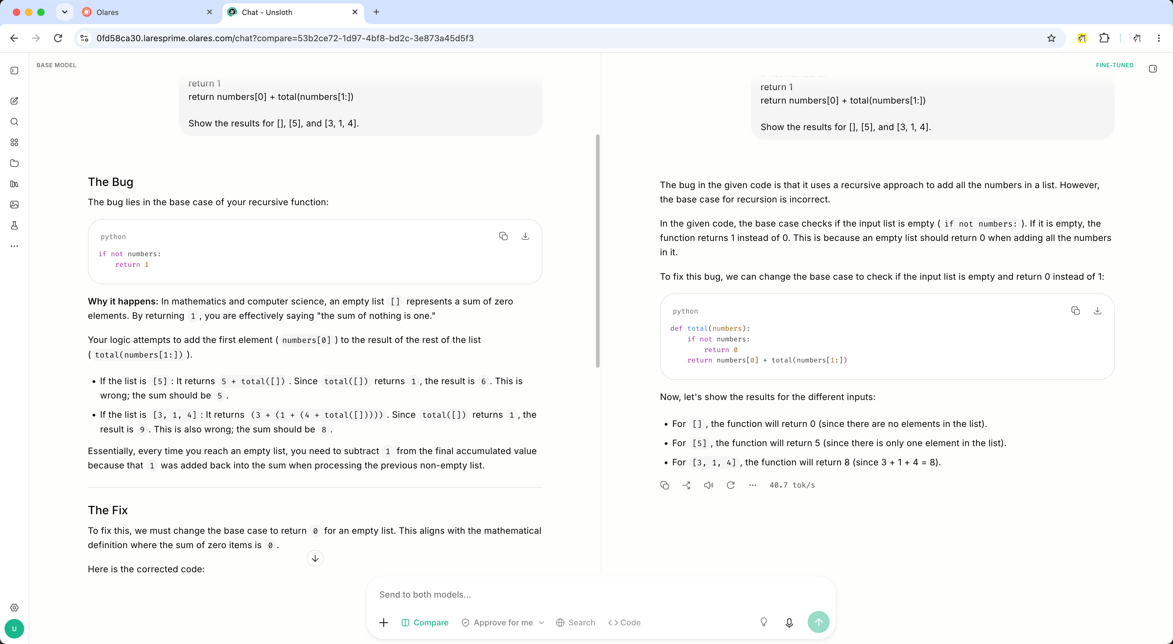 Compare base and fine-tuned model answers to the recursion prompt