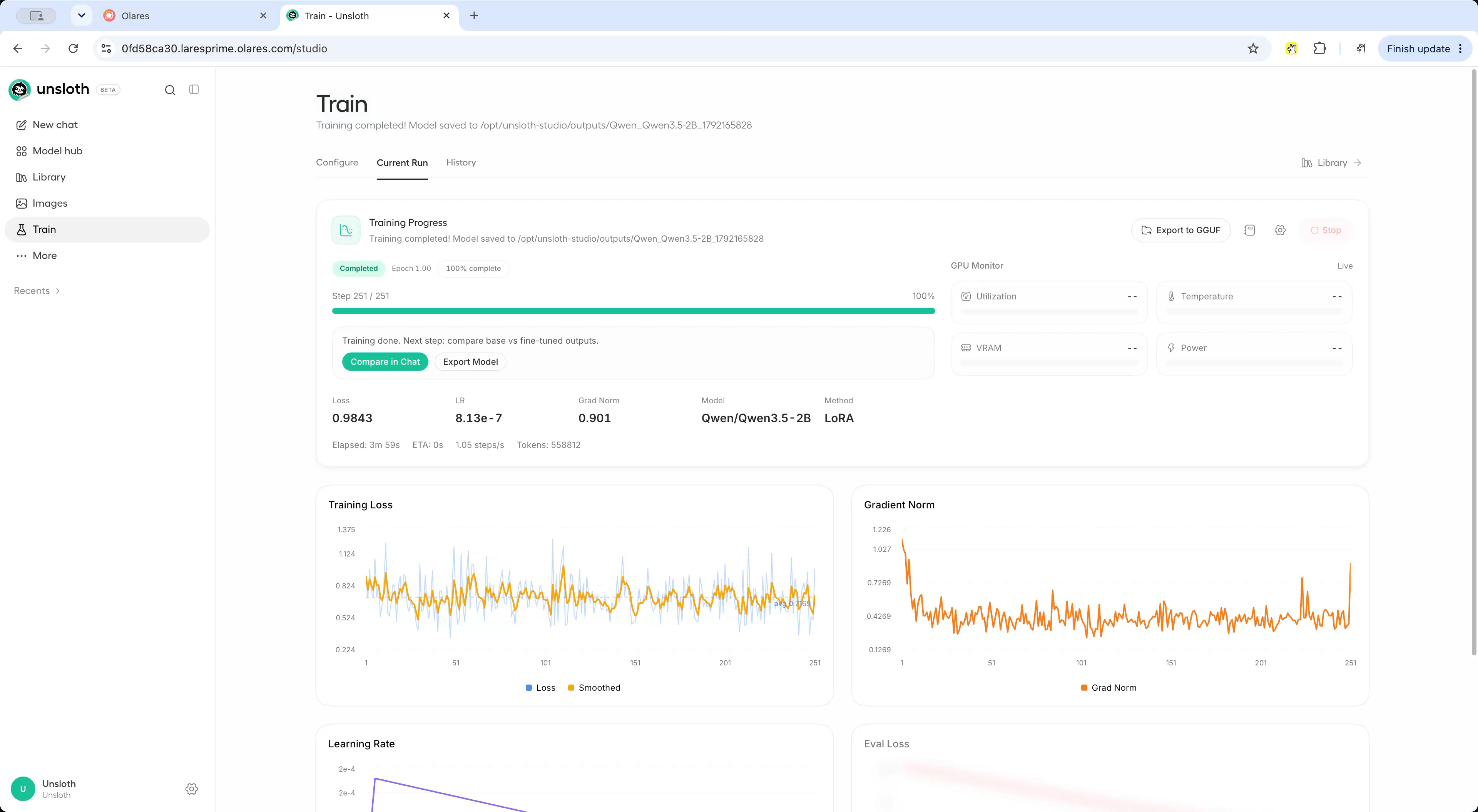 Completed training run with comparison and export buttons