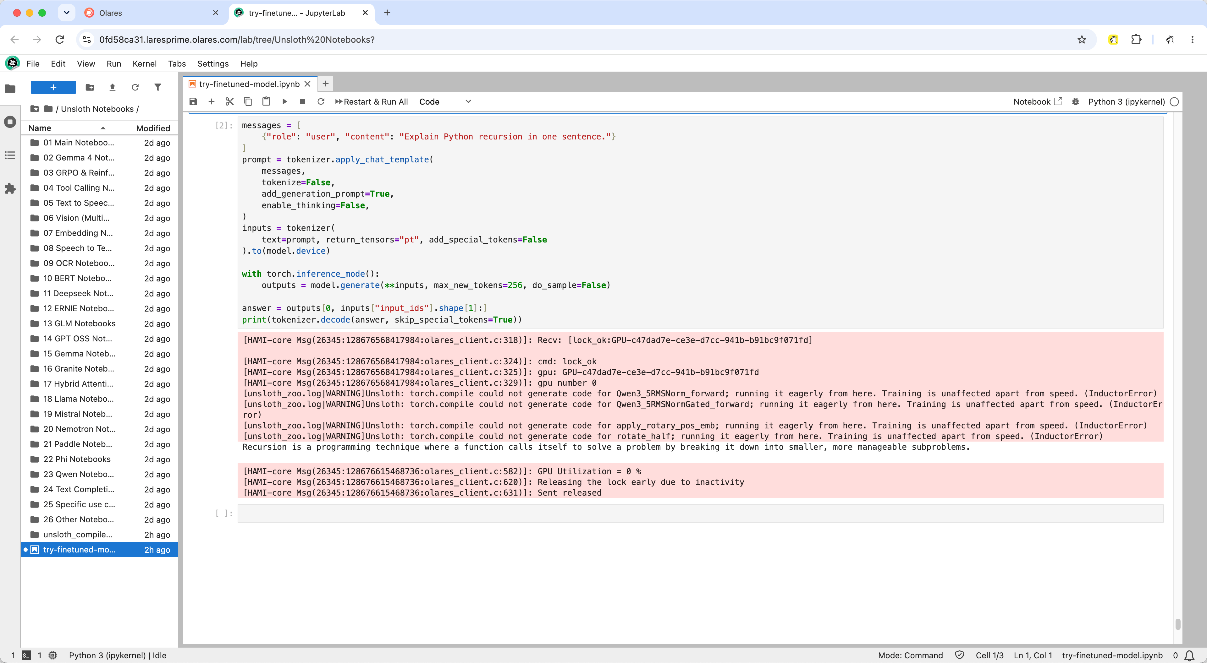 The fine-tuned model answering a prompt in JupyterLab