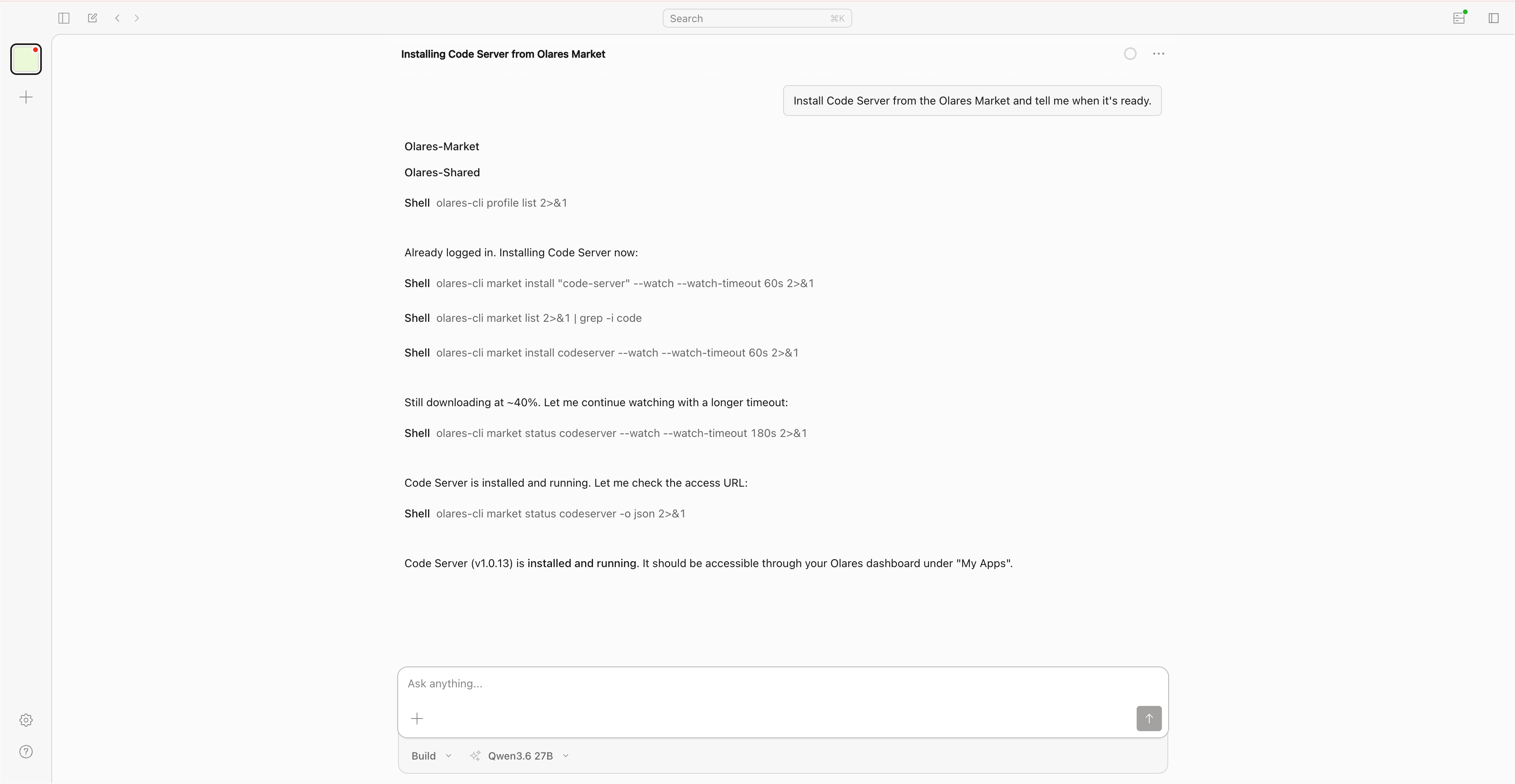Install an app using Olares skill in OpenCode