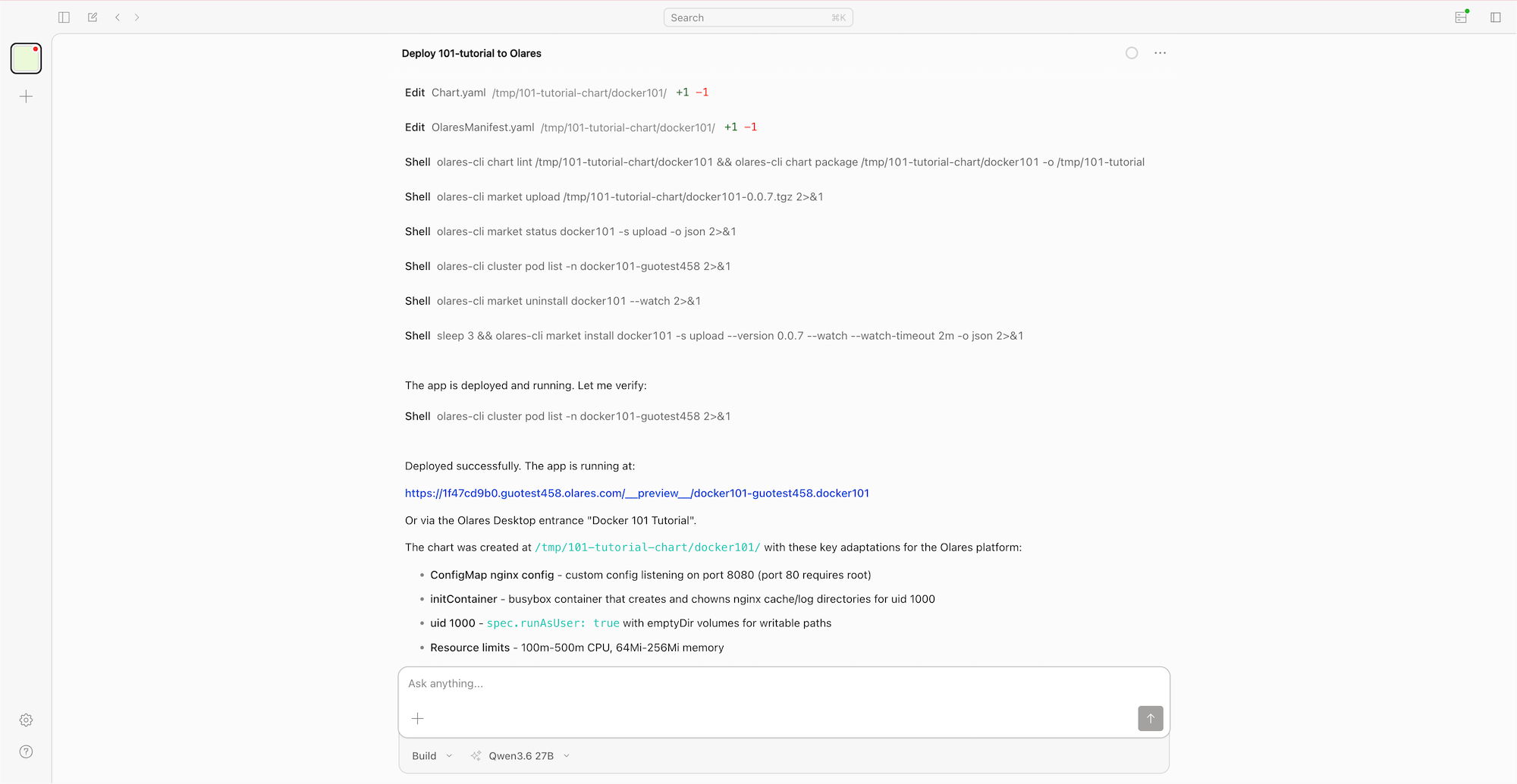Deploying an app using Olares skill in OpenCode
