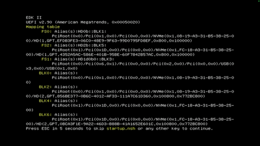 UEFI shell startup