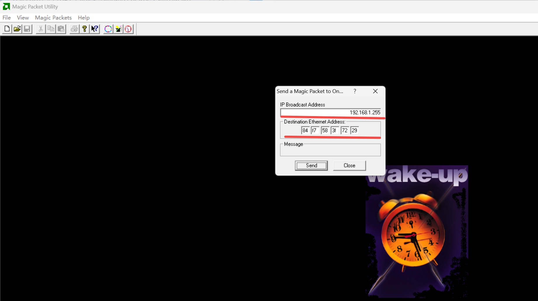 在 Magic Packet Utility 中填写广播地址和 MAC 地址