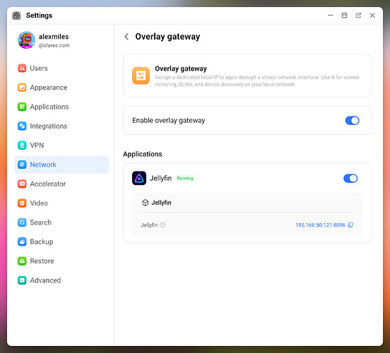 Enable Overlay Gateway in Olares Settings