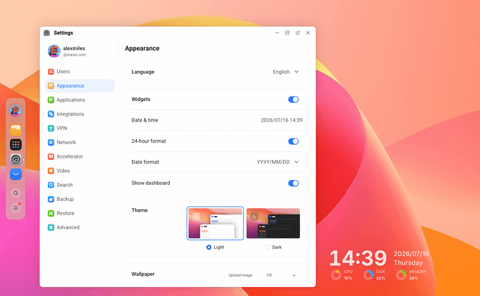 Olares Appearance settings showing desktop widget and theme options.