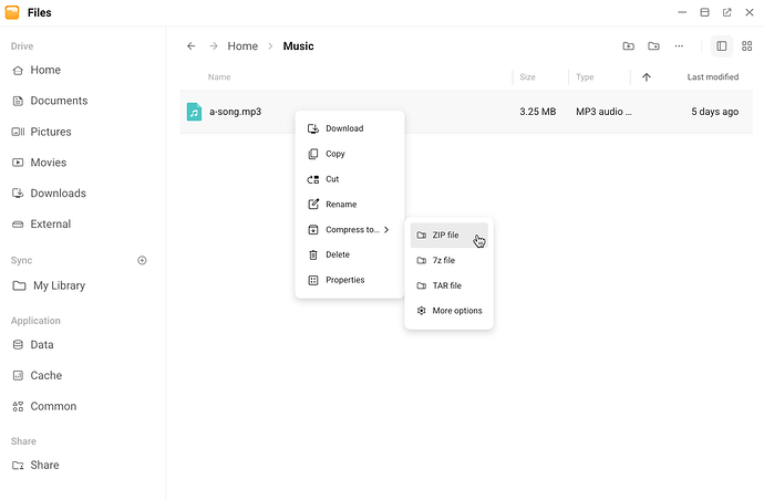 Files app menu showing options to compress a selected file as ZIP, 7z, or TAR.